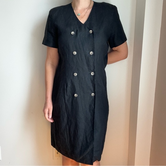 Simons Vintage Contemoraine Black Midi 100% Linen Dress Size 12 Double Buttons - Picture 10 of 12